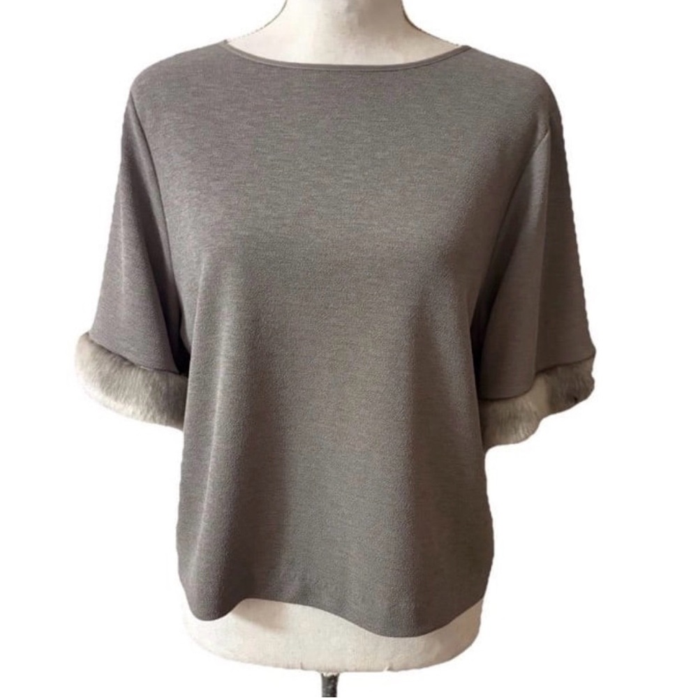 Zara Collection Taupe Short Sleeve Top Faux Fur Trim Size Large C22-024